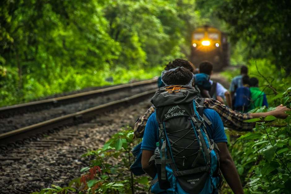 Group of backpackers walking along railway tracks through lush forest